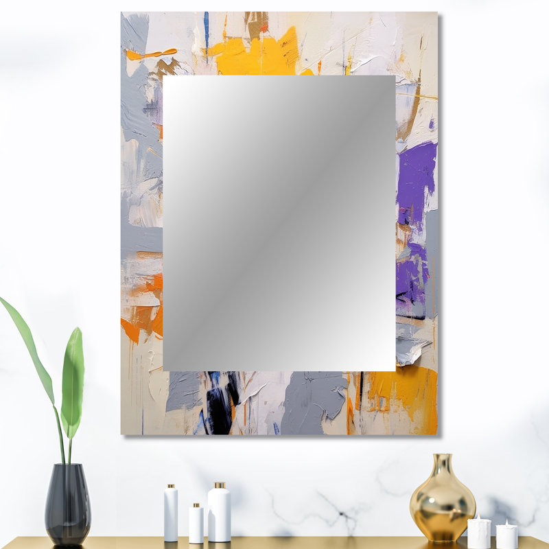 Poétique expressionniste en mauve et orange II - miroir décoratif abstrait, miroir mural moderne, impression d'art en métal
