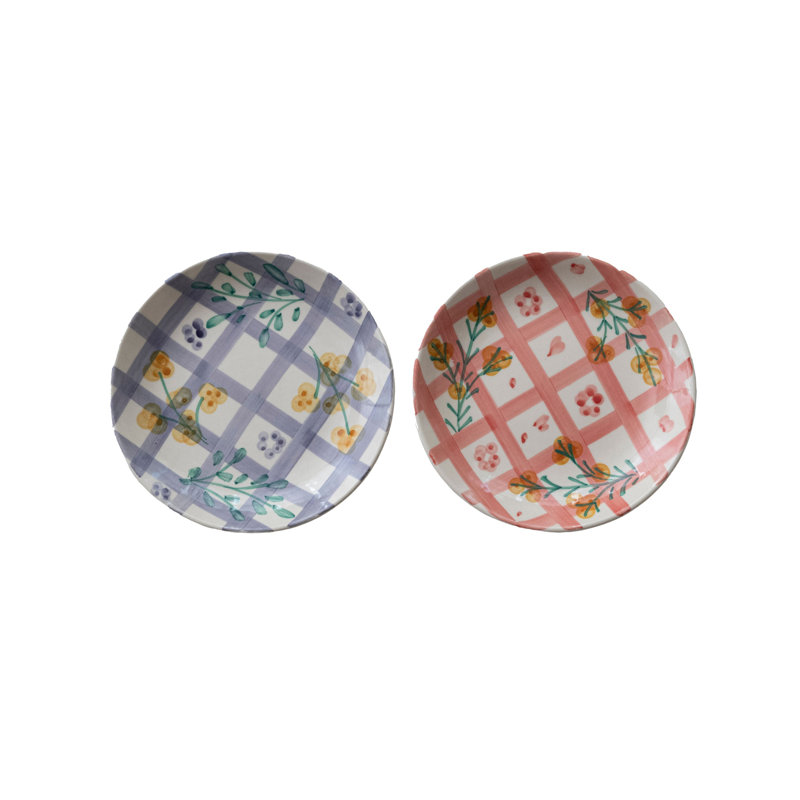Ensemble d'assiettes en grès peint à la main avec motif quadrillé et motif botanique