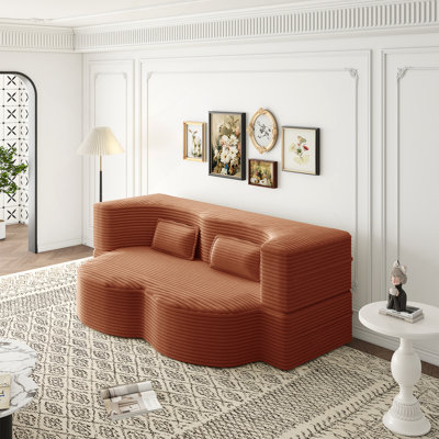Boneless Modern Floor Sofa With 2 Pillows, Convertible Plush Corduroy Foam-Filled Sleeper Sofa Bed, 15/