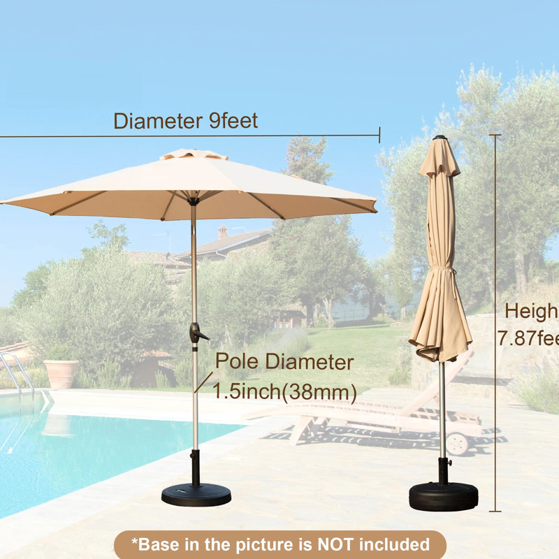 Parasol de patio 9 pi - protégé, eau, 8 nervures, pour jardin, terrasse, cour arrière, piscine beige imperméable, cadre solide avec manivelle,
