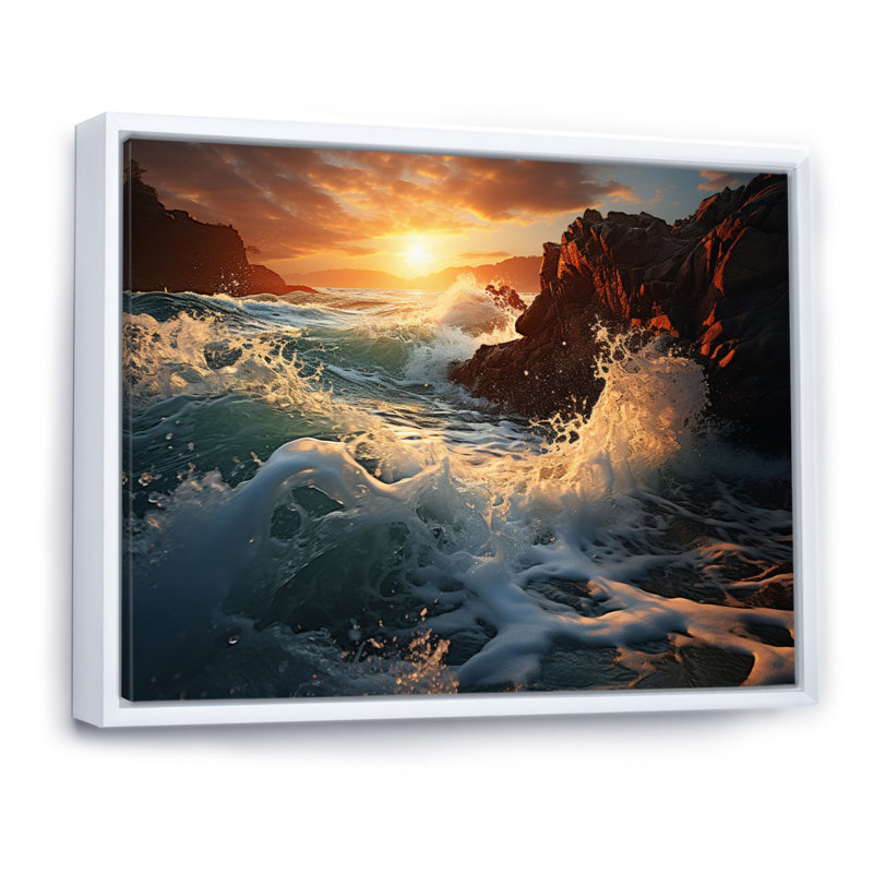 Photo de plage ensoleillée vagues V - nautique et plage murale Art salon, Cadre flottant blanc, H 16 po x l 32 po