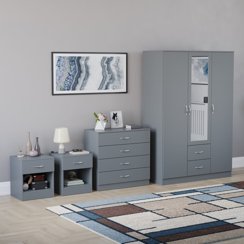 Tayce 4 Piece Bedroom Set (1 Drawer Bedside Chest X2, 4 Drawer Chest, 3 Door 2 Drawer Mirrored Wardrobe), Grey