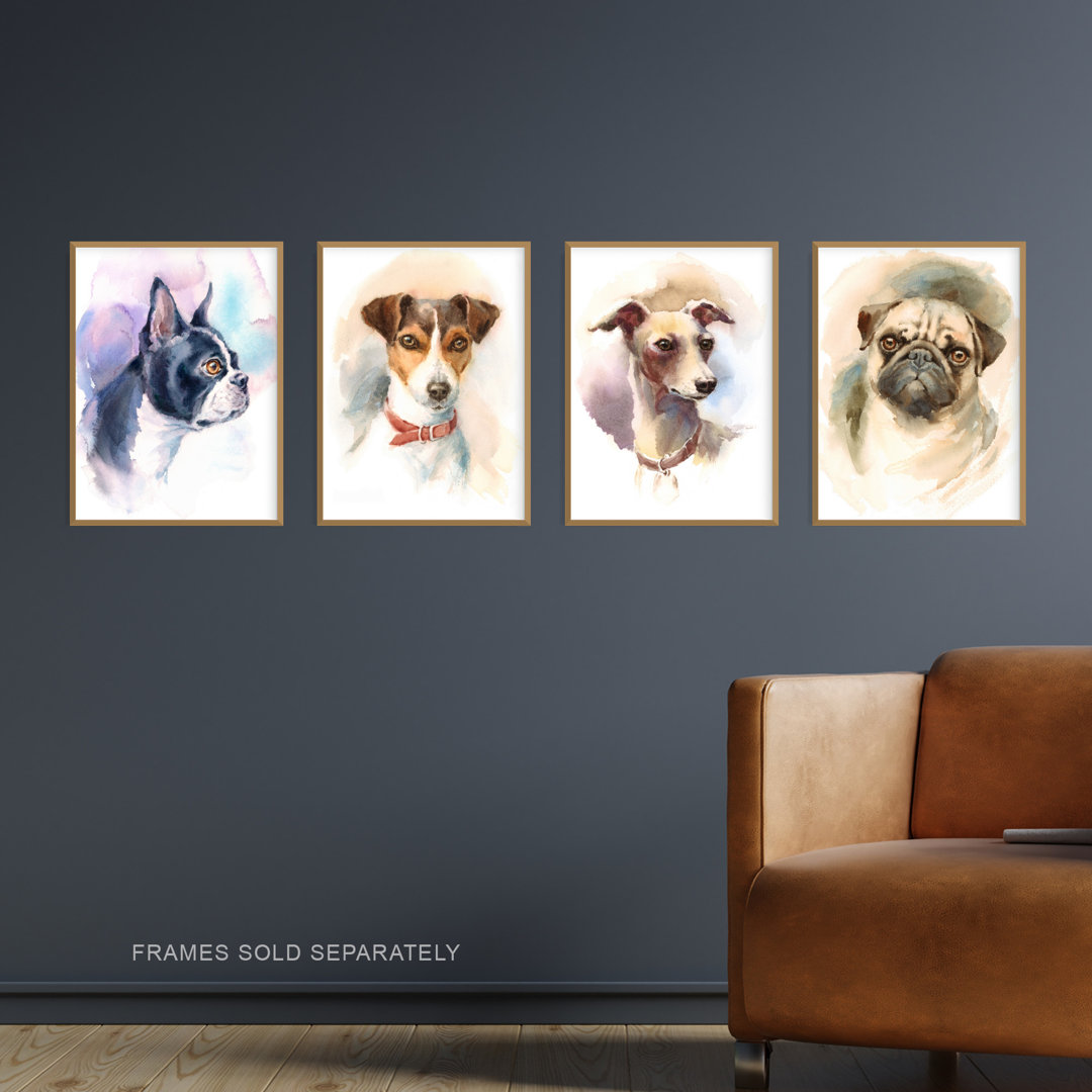 Dog Watercolour Paintings Pug Jack Russell Greyhound Boston Terrier 4-Piece Set Unframed Wall Art Prints Living Room Bedroom Aesthetic