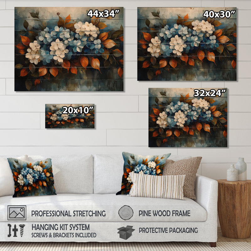 Velours bleu hortensia fleur horizon - impression de bois d'hortensia - sur bois de pin naturel, H 24 po x l 32 po