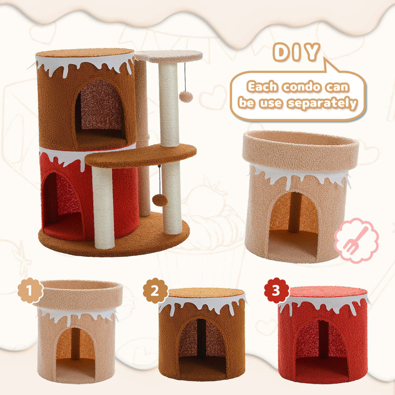 43" Cat Tree Cat Tower For Indoor Large Cats, Cat Bed House With 3 Large Condos And Sisal Scratching Posts For Kittens, Brown