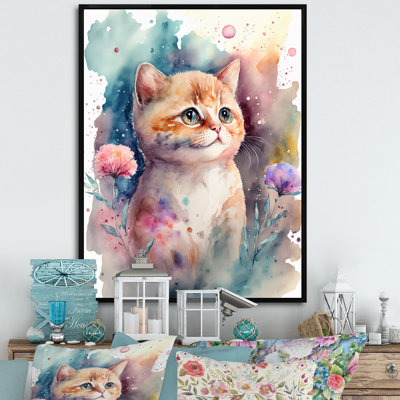 Petit chaton entouré de fleurs colorées IV - animaux, art mural sur toile
