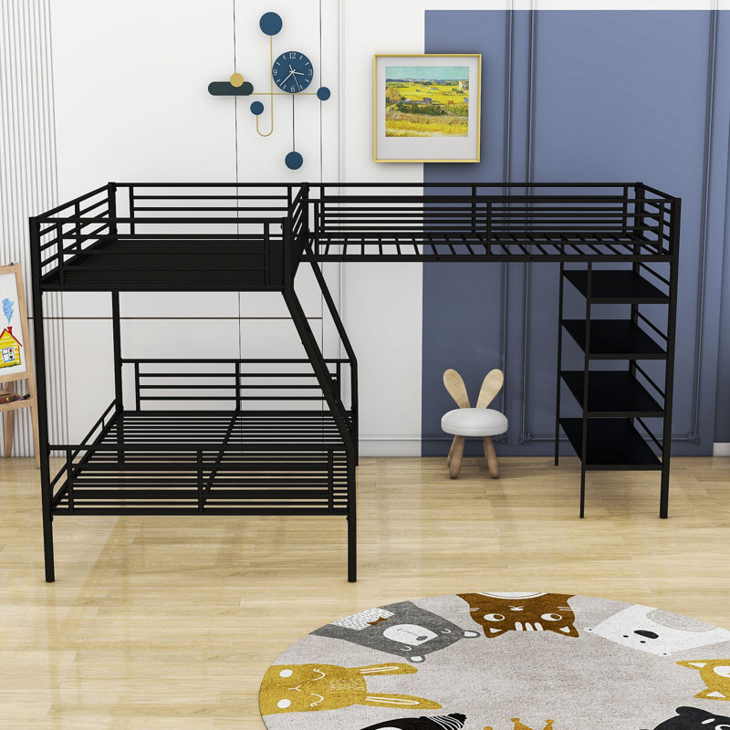 Alleffra Twin over Full & Twin Metal Triple Bunk Bed with Shelves