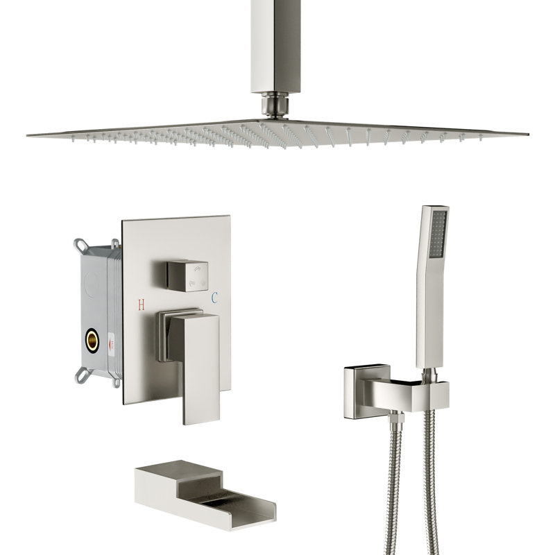 Système de douche 16 po Ensemble de douche à effet pluie de luxe avec robinet de plafond, Nickel brossé