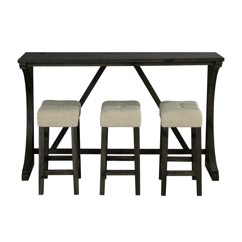 Transitional Bar Table Set With Upholstered Tufted Stools And USB Ports,Set Of 4