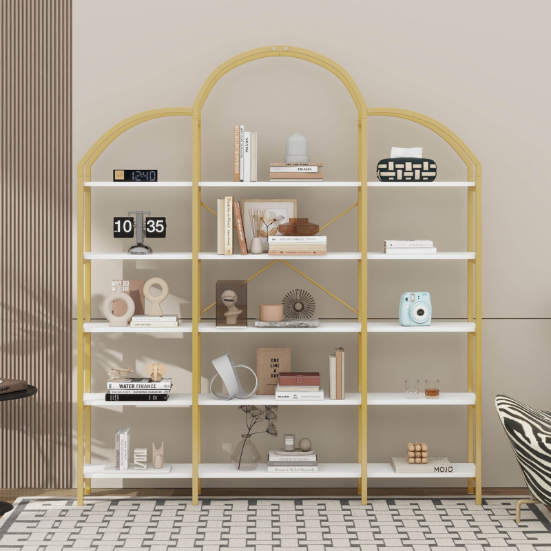 74.8 Inch 5-Tier Office Bookcase With Round Top, X Bar Gold Frame