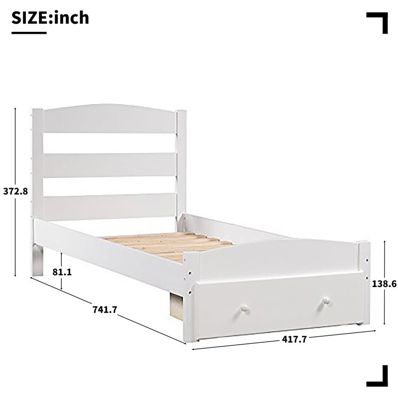 Lit plateforme simple avec rangement en bois massif Marcia, Blanc, H 37,3 po x l 41,7 po x P 74,1 po