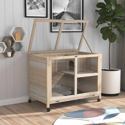 Cage en bois naturel avec roulettes - imperméable, compacte, pour petits animaux