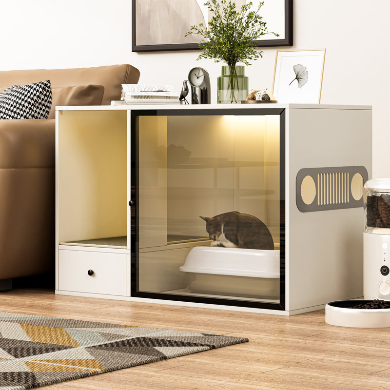 37'' White Cat Litter Box Enclosure, Hidden Indoor Litter Box Furniture With Glass Door and Light, Modern Wooden Kitty House Washroom Sideboard End Table For Large Cats