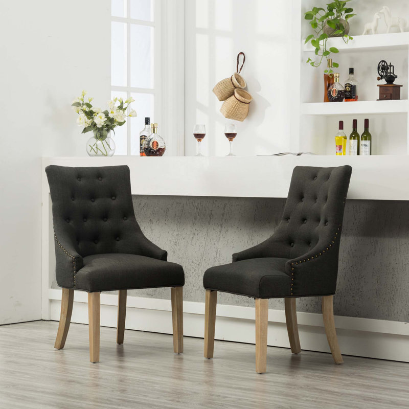 Fauteuils à oreilles capitonnés en bois massif capitonnés, Gris anthracite