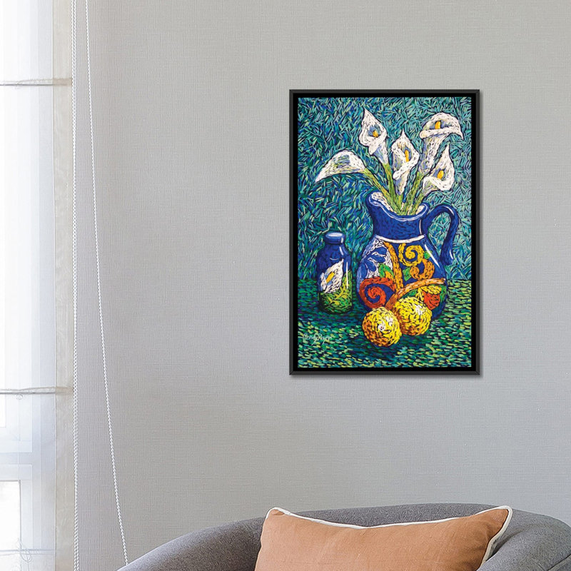 Talavera et lis, H 26 po x l 18 po x 1,5 po, Toile avec cadre noir