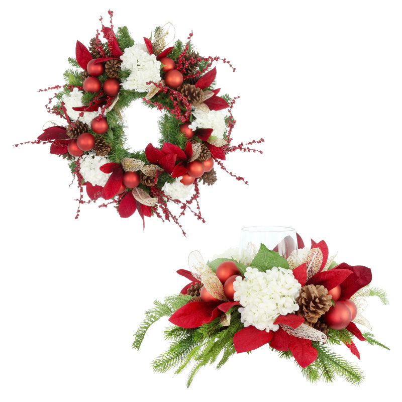 Porte-bougie et couronne de Noël 26 po avec hortensias, ornements et baies