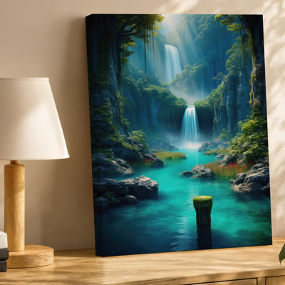 Canvas A Serene Enchanting Landscape Featuring A Vibrant Turquoise River Flowing Wall Art Through A Lush Rocky Canyon Towering Canvas Wall Art
