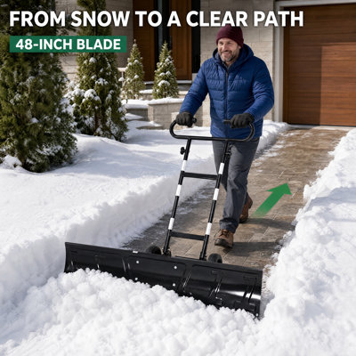 Edrosie Inc 48 Inch Snow Pusher with Wheels, U-Shaped Handle Snow Shovel