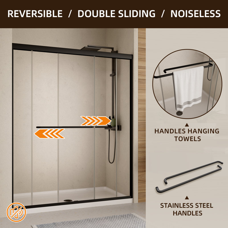44-48" W x 70" H Framed Shower Door Double Sliding Door with 1/4" (6mm) Clear Tempered Glass, 2 Towel Bars for Walk-in Bathroom, Matte Black Finish Shower Doors, Reversible Installation