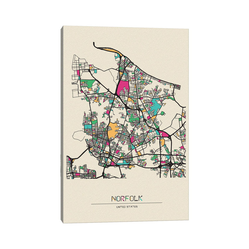 «Norfolk, Virginia Map» par Ayse Deniz Akerman - impression sur toile tendue, H 12 po x l 8 po x P 0,75 po