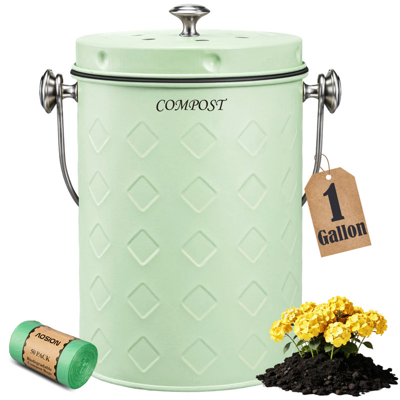 Bac à compost de comptoir, bac à compost sans odeur pour l'intérieur 1,0 gallon avec couvercle, vert, Vert