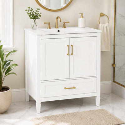 Shaker Panel Freestanding Bathroom Vanity Cabinet, Floor Bath Storage Vanity with Soft Close Double Doors, Full Length Soft-Glide Bottom Drawer, Adjustable Inner Shelf & Integrated Gloss Ceramic Sink