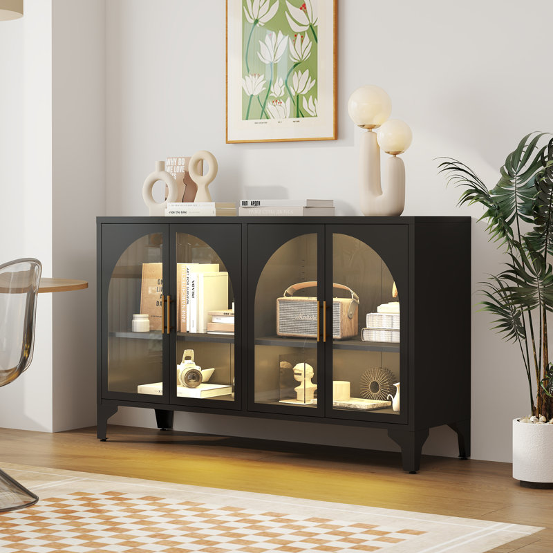 53.2" W Metal Sideboard Buffet Cabinet with Glass Door, Adjustable Shelves, COB LED Light, Black