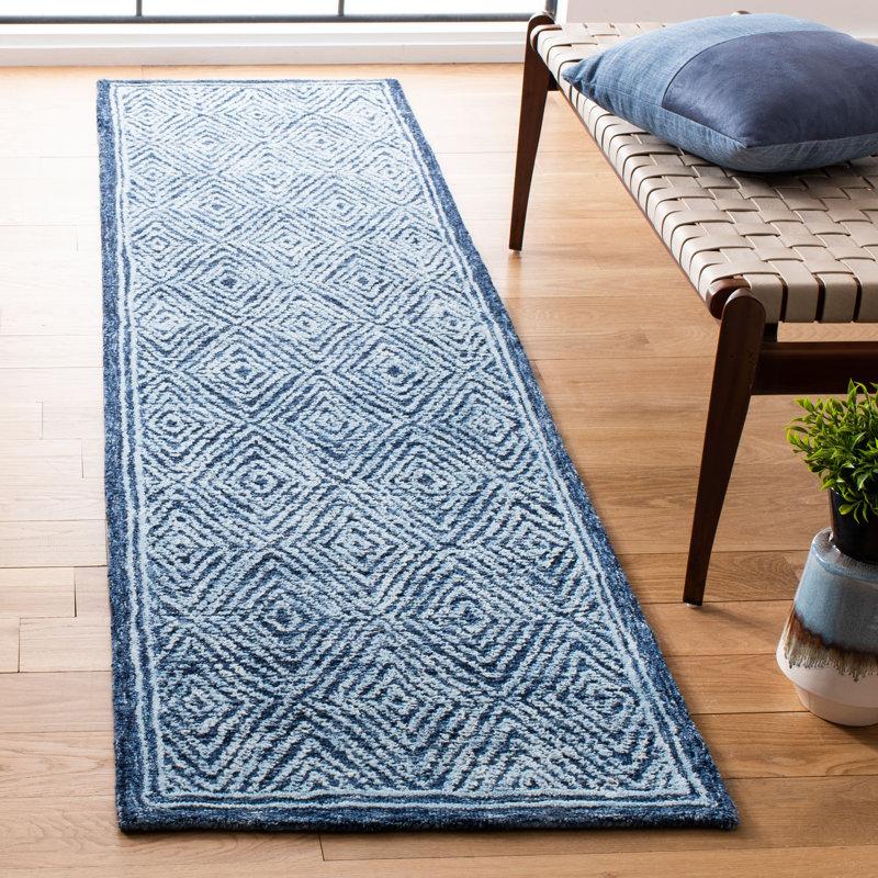 Tapis bleu marine en laine touffeté à la main Angellique, Tapis de couloir 2 pi 3 po x 9 pi