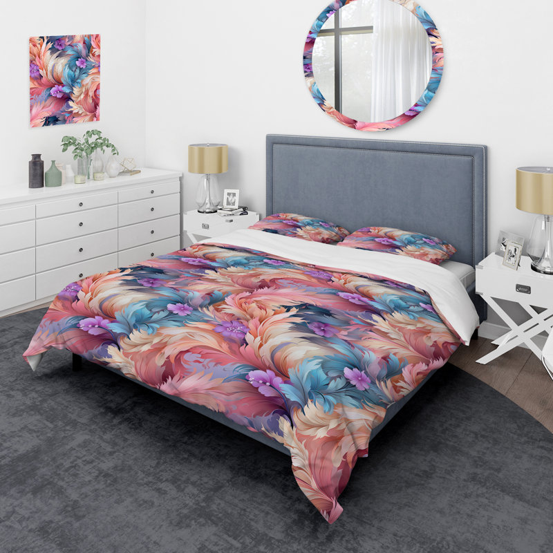 Ensemble de housse de couette à motif floral rose à plumes roses, Housse de couette simple + 1 taie décorative stan