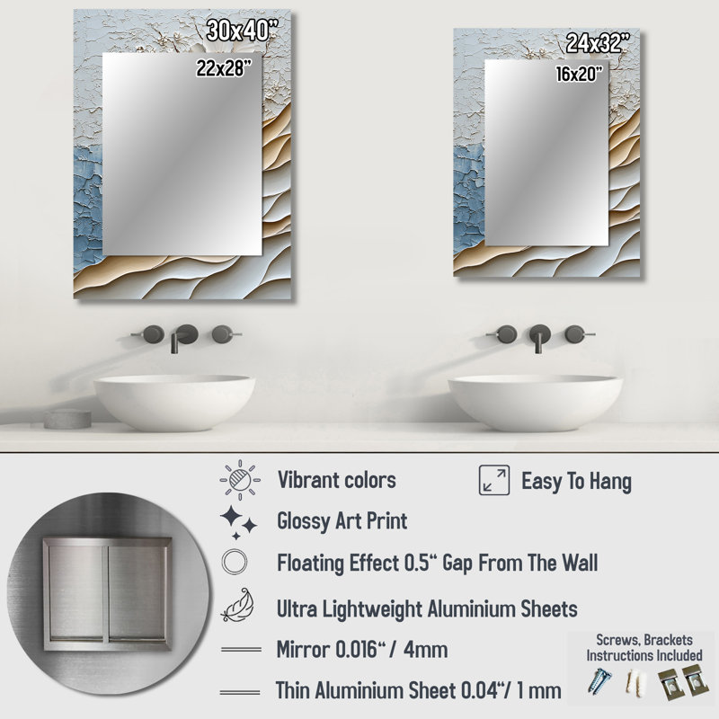 Blanc et bleu Coastal Mosaic II - miroir mural décoratif côtier, grand miroir blanc, impression d'art en métal, 32 po x 24 po