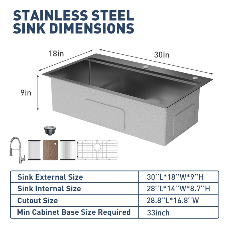 30 x 18 x 9 Inch Drop-In Kitchen Sink, Single Bowl Topmount w/ Pull-Out Faucet, Cutting Board, Dish/Drying Rack, Black