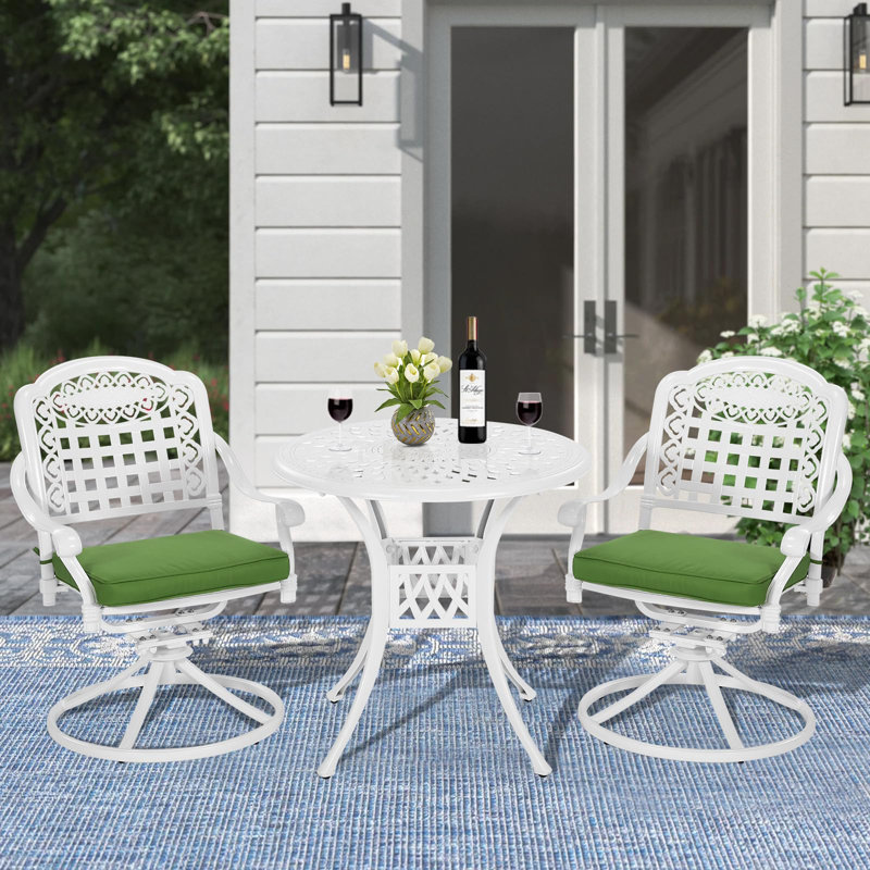 Bloomsbury Market 3-Piece Outdoor Patio Dining Set, All-Weather Cast Aluminum Patio Conversation Set With 2 Cushions Swivel Rocker Chairs And 31" Round Table For Backyard Garden Deck, Umbrella Hole, White