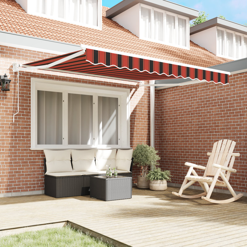 Ebern Designs Retractable Patio Awning, Orange/Brown Striped, 300 cm W x 250 cm D