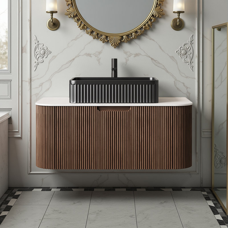 Meuble-lavabo flottant - Lavabo et armoire rectangulaires en céramique blanche (sans robinet inclus), Noir, Brun, 36"