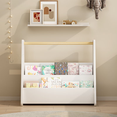 Bibliothèque pour enfants avec poignée en bois, bibliothèque pour tout-petits à 2 niveaux faisant face à l'avant, organisateur de rangement de livres pour enfants pour chambre à coucher, salle de jeux, chambre de bébé ou salle de classe