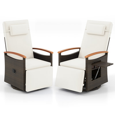 Set Of 2 Outdoor 360° Swivel Rattan Recliner Chair Patio Wicker Chaise Lounge Chair White