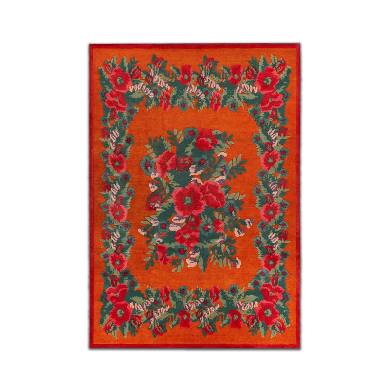 Tapis tissé à motif de coquelicot rouge Karabagh, Rectangle 3 pi 3 po x 4 pi 11 po 