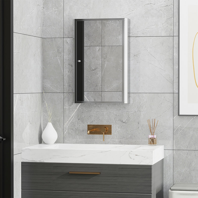 Armoire de salle de bain à miroir, armoire à pharmacie verticale en acier inoxydable de 16 po x 24 po, organisateur de rangement mural avec porte simple?