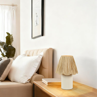1-Light Dimmable Table Lamp Ivory Ceramic Desk Light with Raffia Fringe Shade