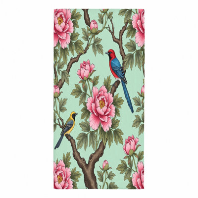 1Pcs Vintage Bird and Peony Beach Towel, featuring a delicate illustration of blue yellow birds perched on branches with vibrant pink peonies against soft mint green background. This large microfiber is perfect for outings, travel,