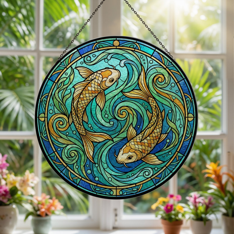 Koi Fish Stained Glass Window Panel,12"H, H 7,8 po