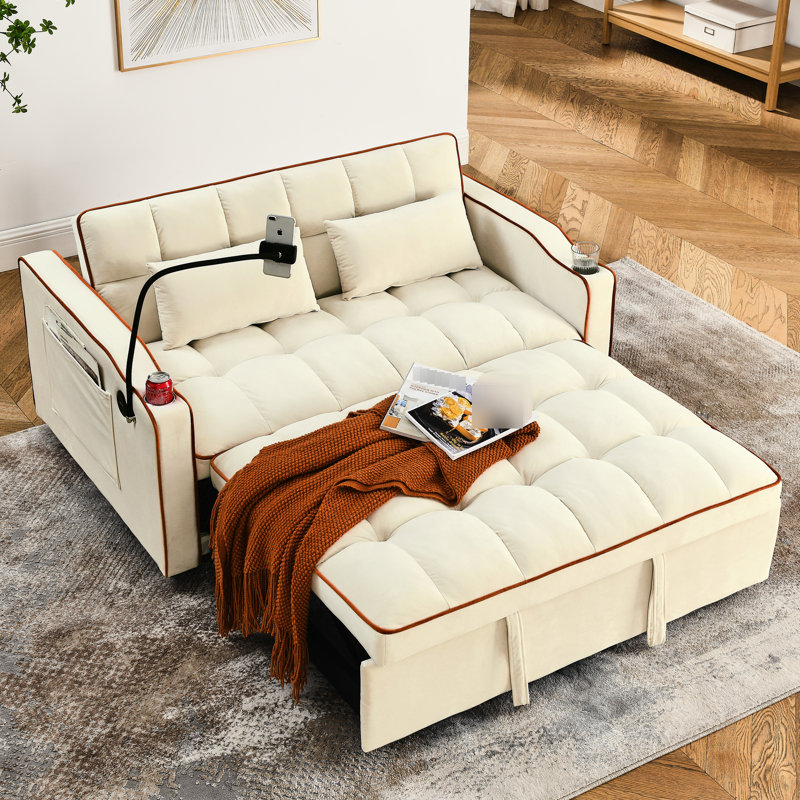 Modern Adjustable Back Bed In Beige Velvet, , Ashtray, Phone Stand & 2 Pillows 55.5" Velvet With , Holder Fluffy Cushions