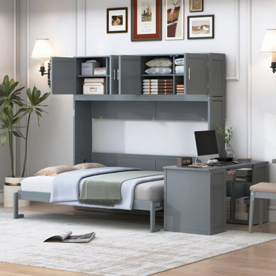 Grand lit escamotable mural avec bureau, tablettes de rangement et grands armoires