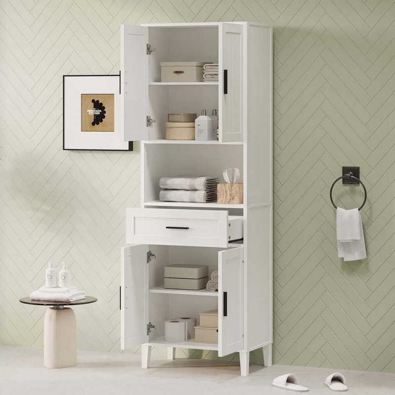 Grande armoire de salle de bain autoportante avec tiroir, 2 armoires, 4 portes à fermeture douce, 2 tablettes réglables, rangement ouvert