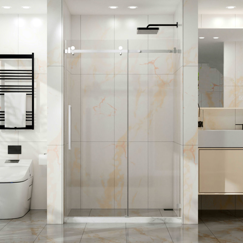 48-Inch Wide X 72-Inch Tall Frameless Shower Door, Smooth And Quiet Sliding Glass Door, 1/4-Inch (6 Mm) Thick Tempered Clear Glass, Chrome-Plated