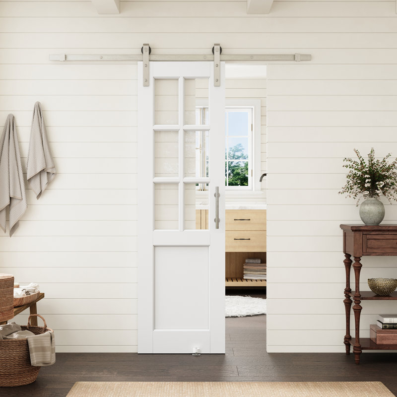Porte de grange standard préfinie à 6 carreaux en bois massif fabriqué, 24 po x 80 po, avec ensemble de quincaillerie en nickel.