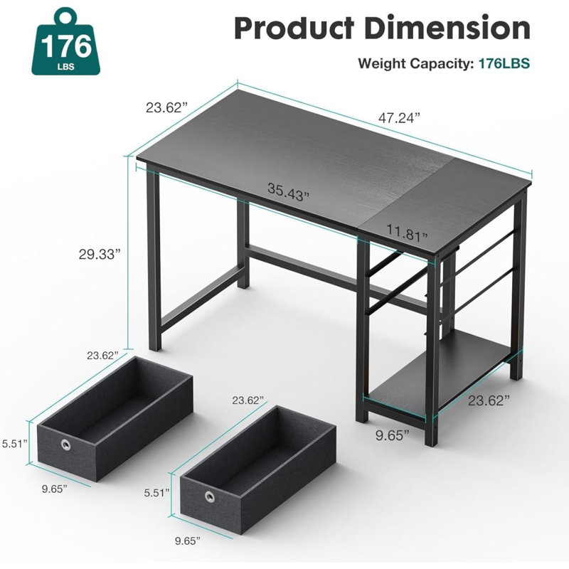 Bureau d'ordinateur avec tiroir, Noir, H 29,36 po x l 47,27 po x P 23,65 po