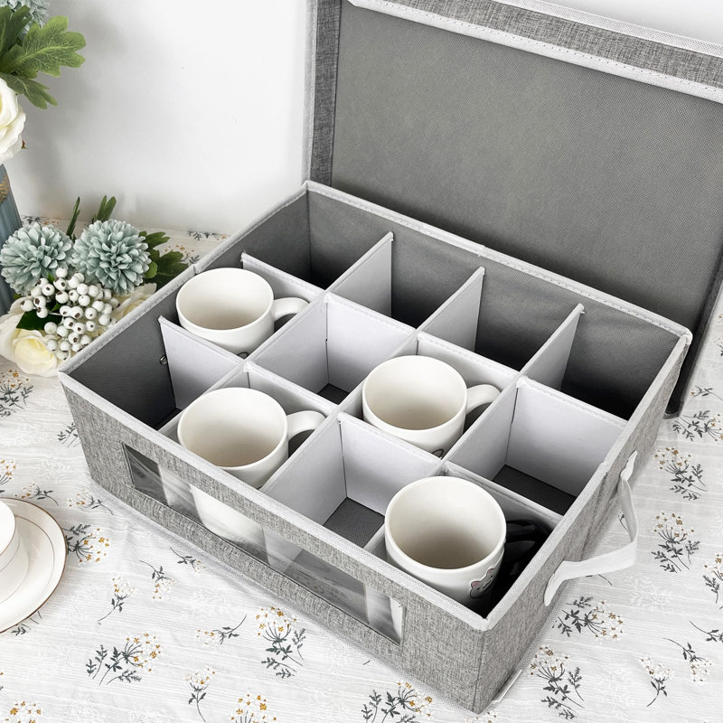 Boîte de rangement pour tasses, organisateur de contenants de rangement en porcelaine avec séparateurs pour 12 tasses à café, tasse à thé, transport et emballage (gris)