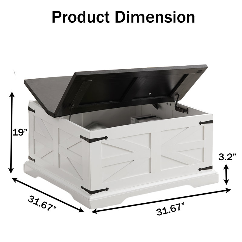 Table basse Farmhouse, table centrale carrée en bois avec grand compartiment de rangement caché, Blanc