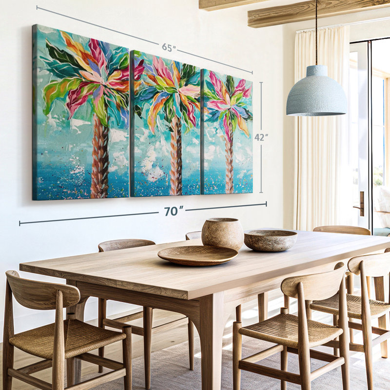 «Colorful Palms», 3 pièces sur toile, H 42 po x l 65 po x P 1,25 po
